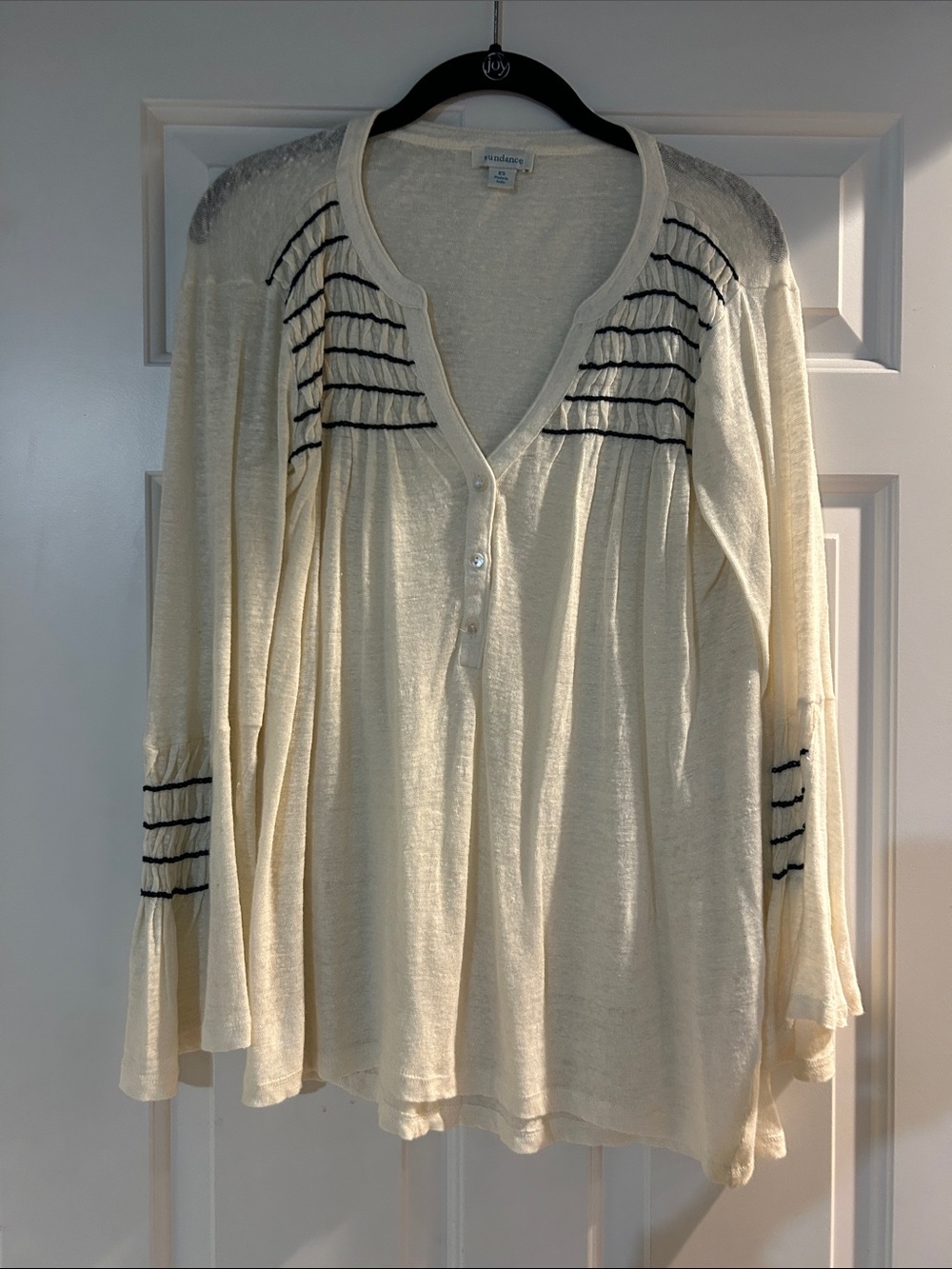 Sundance Cream Button-Front Peasant Blouse with Black Stitching